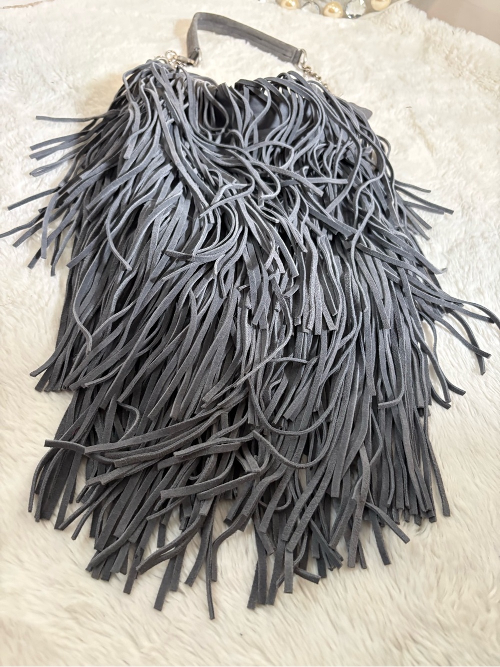 Unique Monserat De Luca Genuine Leather Boho-Chic Fringe Bag in Slate Grey
